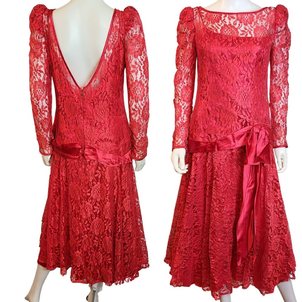 Red Lace Overlay Dress Drop Waist Slinky Satin Underdress Waist Sash Bow M